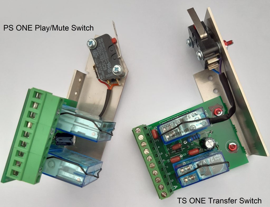 Photograph showing the PS ONE Play/Mute switch and the TS ONE Transfer Switch